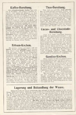 Kaffee-Bereitung, Erbsen-Kochen, Thee-Bereitung, Cacao- und Chocolade-Bereitung, Gemüse-Kochen ; Lagerung und Behandlung der Waare