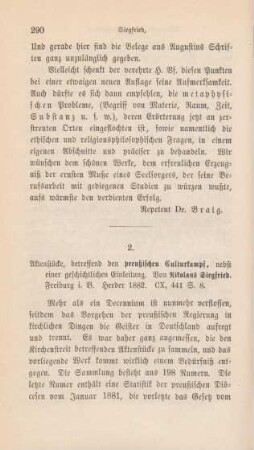 290-295 [Rezension] Actenstücke betreffend den preußischen Culturkampf