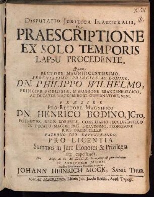 Disputatio Juridica Inauguralis, De Praescriptione Ex Solo Temporis Lapsu Procedente