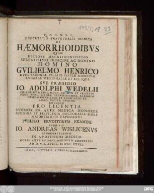 Dissertatio Inavgvralis Medica De Haemorrhoidibvs