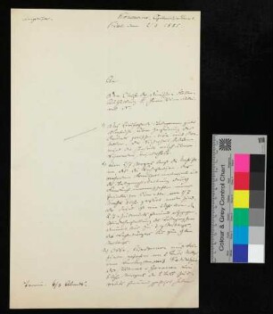 Schreiben an den Chef der dänischen Flotten-Abtheilung III, Kiel, 2. März 1885
