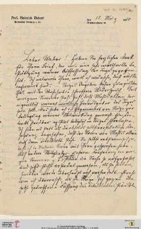 Brief von Heinrich Rickert an Max Weber