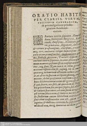 ORATIO HABITA PER CLARISS. VIRUM, PHILIPPUM CAMERARIUM, in promulgatione privilegiorum Academicorum.
