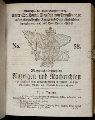 No. 38. Montags, den 19ten September 1774