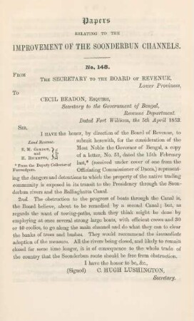 Papers relating to the improvement of the Soonderbun Channels