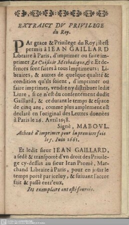 Extraict du privilege du Roy