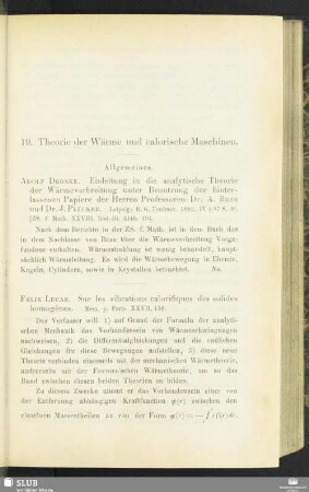 19. Theorie der Wärme und calorische Maschinen