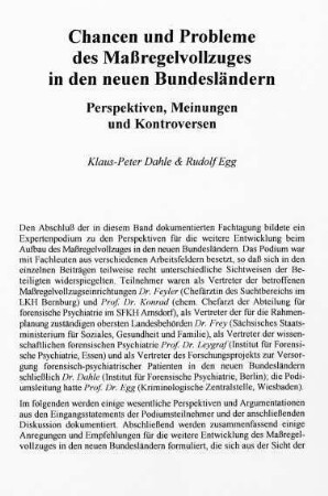 203-216, Chancen und Probleme des Maßregelvollzuges in den neuen Bundesländern. Perspektiven, Meinungen und Kontroversen