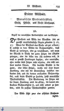 3. Abschnitt. Moralische Verbindlichkeit, Gesetz, Pflicht und Recht überhaupt.