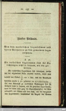 Fünfter Abschnitt. Von den natürlichen Logarithmen und ihrem Verhalten zu den gemeinen Logarithmen