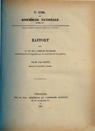 Rapport fait au nom de la Commission de Marchés relativement à l'enquête sur le matériel de la guerre
