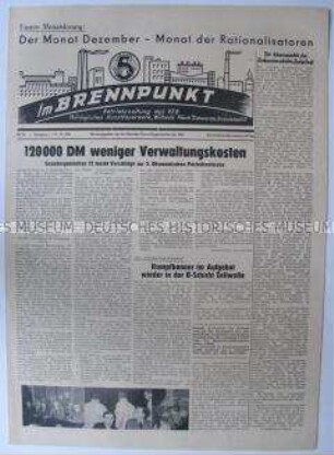 Betriebszeitung des VEB Thüringisches Kunstfaserwerk "Wilhelm Pieck" u.a. zur Senkung der Verwaltungskosten