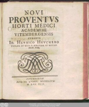 Novi Proventvs Horti Medici Academiae Vitembergensis