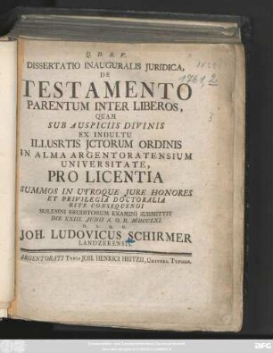Dissertatio Inauguralis Juridica, De Testamento Parentum Inter Liberos