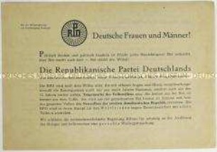 Programmatische Flugschrift der Republikanischen Partei Deutschlands mit dem Aufruf zur Mitgliedschaft