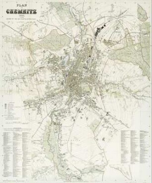 Plan von Chemnitz, 1:10 000, Lithographie, 1899 : Plan von Chemnitz / bearbeitet von der Stadtbauverwaltung. Kupferstich, Lithographie u. Druck von Giesecke & Devrient. - 2. Aufl. - 1:10 000. - Leipzig ; Berlin : Giesecke & Devrient , 1899. - 1 Kt. ; mehrfarb. ; 75 x 90 cm, gefaltet