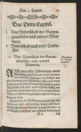 Das Dritte Capitel. 1. Von Underscheid der Gartengewächsen nach anderer Meynung. 2. Underscheid nach unser Lands-Art.