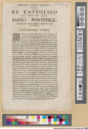 Risposta della Maestà del re' cattolico al breve del Santo Pontefice : col quale Sua Santità essorta la Maestà Sua alla Pase Univesale