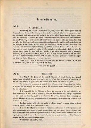 Sammlung officieller Actenstücke in Bezug auf Schiffahrt und Handel in Kriegszeiten : Grundzüge des Seevölkerrechts d. Gegenwart ; Verordnungen und Bekanntmachungen, [1.] 1854/55 (1855) = Heft. 1 - 8