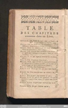 Table Des Chapitres contens dans ce Livre.
