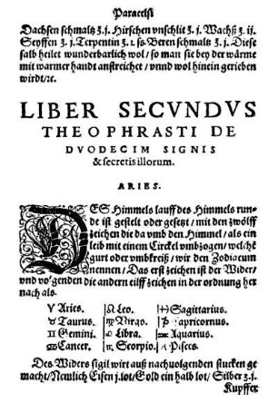 Liber Secvndvs Theophrasti De Dvodecim Signis & secretis illorum.
