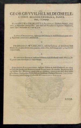 Georgii-Wilhelmi, Decimi Electoris Brandenburgici, Posteritas