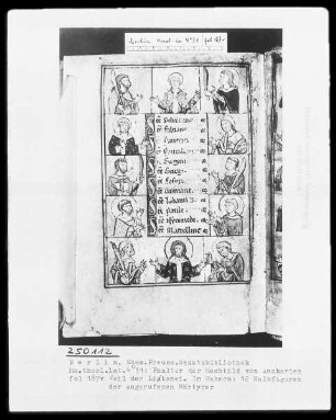 Psalter der Mechthild von Anhalt — Litaneiseite, umrahmt von Brustbildern der angerufenen Heiligen, Folio 187verso