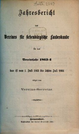 Jahresbericht des Vereins für Siebenbürgische Landeskunde, Hermannstadt, 1863/64