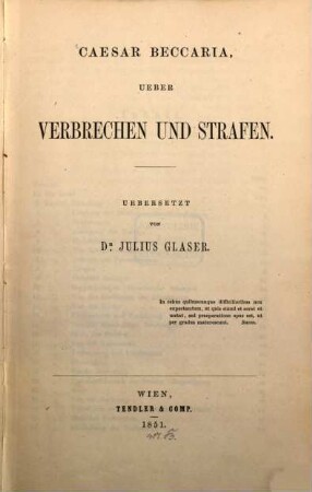 Über Verbrechen und Strafen : Übersetzt v. Julius Glaser