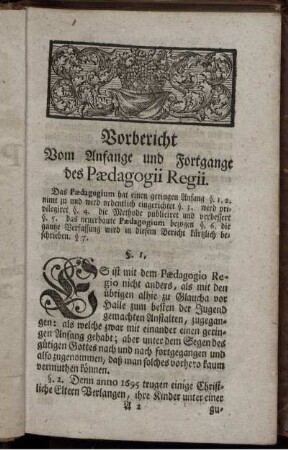 Vorbericht Vom Anfange und Fortgange des Paedagogii Regii.