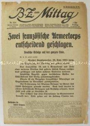 Titelblatt der Berliner Tageszeitung "B.Z. am Mittag" mit Kriegsnachrichten von der Westfront