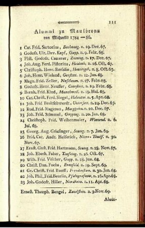 Alumni zu Maulbronn von Michaelis 1784-86.