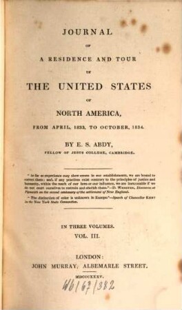 Journal of a residence and tour in the United States of North America : from April, 1833, to October, 1834, 3