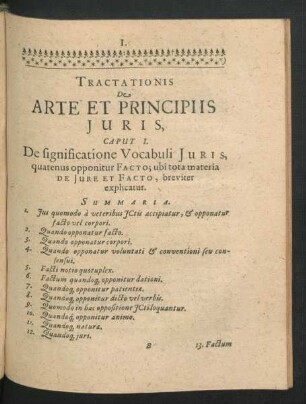Caput I. De significatione Vocabuli Iuris, quatenus opponitur Facto ...