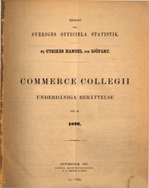 Commerce Collegii underdåniga berättelse : för år .... 1876