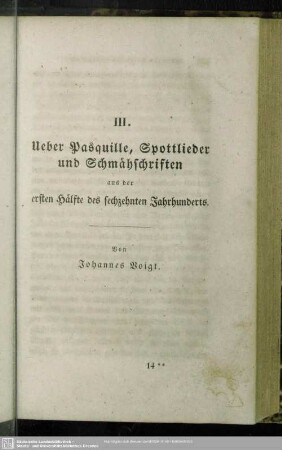 Ueber Pasquille, Spottlieder und Schmähschriften aus der ersten Hälte des sechzehnten Jahrhunderts