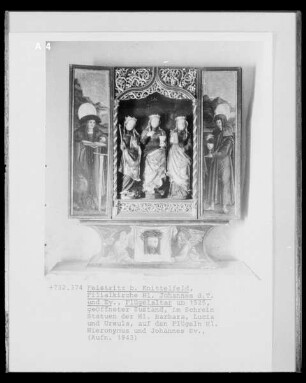 Flügelaltar in geöffnetem Zustand: Die Heiligen Barbara, Lucia und Ursula, flankiert von den Heiligen Hieronymus und Johannes Evangelist