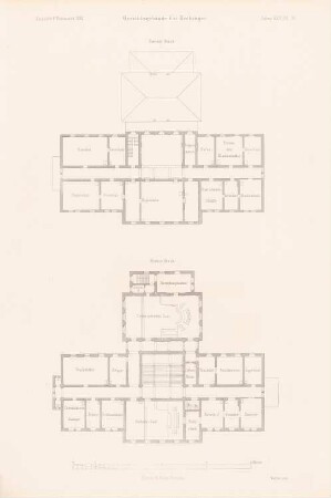 Gerichtsgebäude, Hechingen: Grundriss 1.OG, 2.OG (aus: Atlas zur Zeitschrift für Bauwesen, hrsg. v. G. Erbkam, Jg. 24, 1874)