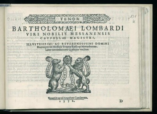Bartolomaeo Lombardi: Mottectorum. Liber secundus cum Quinque vocibus. Tenor