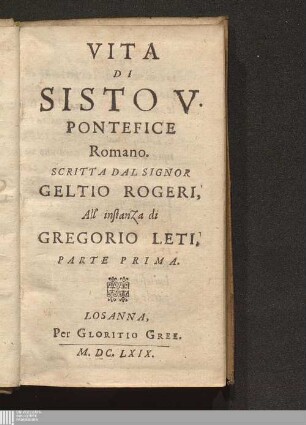 1: Vita Di Sisto V. Pontefice Romano