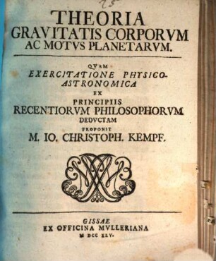 Theoria Gravitatis Corporvm Ac Motvs Planetarvm