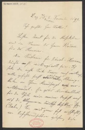 Brief an Ludwig Strecker <senior> an B. Schott's Söhne : 02.11.1899