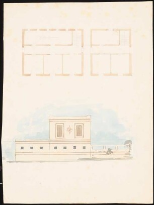 Bedienstetenhaus, Berlin (? Kairo ?): Aufriss, Grundriss Erdgeschoss (mit Raumbezeichnung Futterkammer) und 1. Obergeschoss