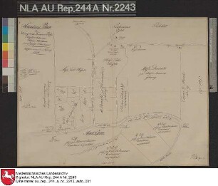Lage der königlichen Domänenplätze Heglershausen, Klein Werdum und Schiefe Grashaus im Amt ESENS mit den dazugehörenden Grundstücken mit Angabe der Eigentümer Handzeichnung von Meyer Papier Format 51,0x40,0 M 1:1.000 (ca)