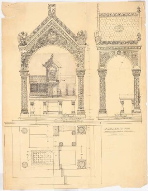 Dreifaltigkeitskirche (mit Pfarrhaus), Dortmund: Vorder- und Seitenansicht sowie Grundriss des Hauptaltars 1:10