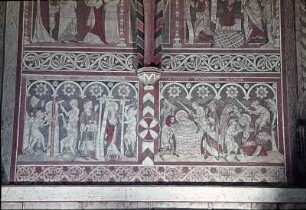 Martyrien der Heiligen Barbara, Agathe, Cäcilia und Lucia; oben: der Bund Gottes mit Noah und Opferung Isaaks