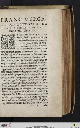 Franc. Vergara, ad lectorem, de ordine operis et de ratione studij Graecanici
