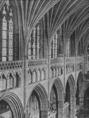 Exeter (Devon), Kathedrale St. Peter, Inneres, Detail der Mittelschiffswand: Erdgeschossarkaden, Triforium und Obergaden und Gewölbeansatz