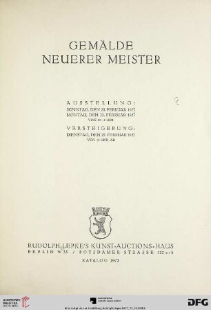 Nr. 1972: Katalog / Rudolph Lepke's Kunst-Auctions-Haus, Berlin: Gemälde neuerer Meister : Versteigerung: 22. Februar 1927