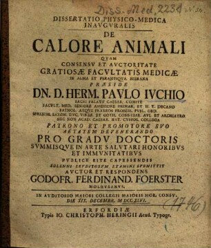 Dissertatio Physico-Medica Inavgvralis [Inauguralis] De Calore Animali